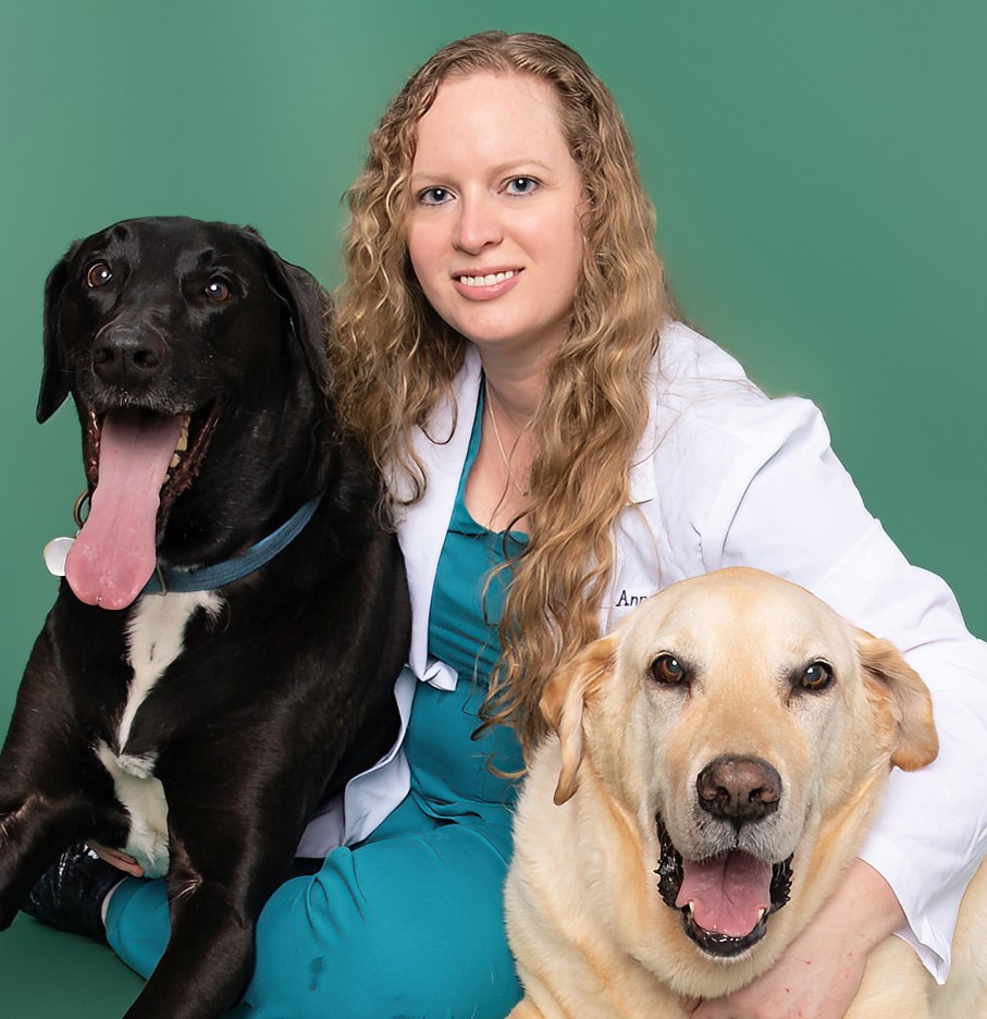 Anna Gates posing in front of a green background with two dogs—one black and one cream-colored lab—sitting beside her.